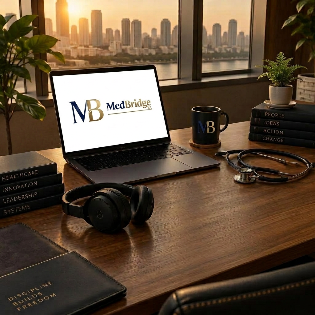 The founder’s workspace with a laptop showing the MedBridge logo, headset, stethoscope, and journal